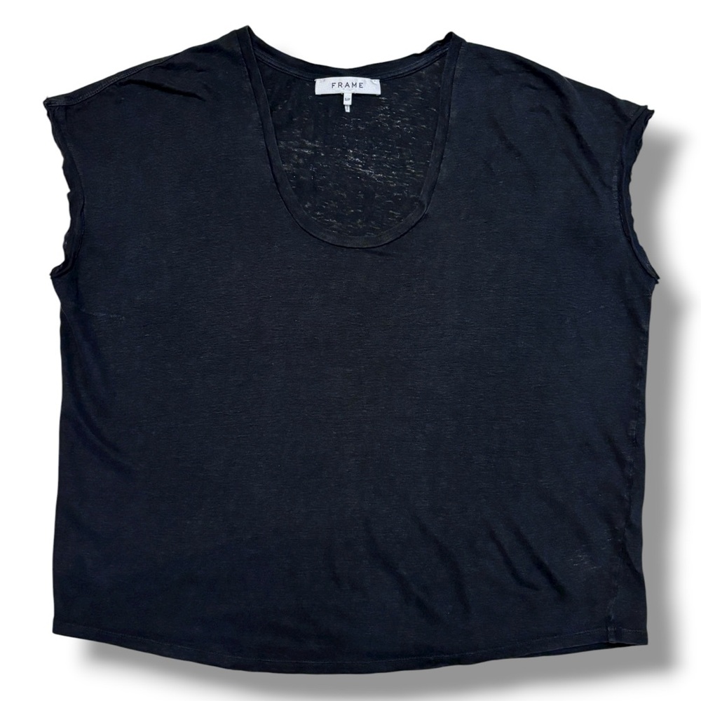 FRAME Easy Scoop Neck Organic Linen T-Shirt in Noir Size Small - Picture 11 of 12